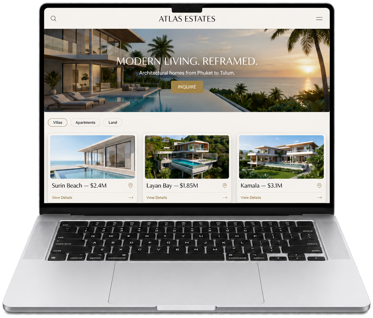 Real estate website preview - Atlas Estates, shown inside a laptop mockup