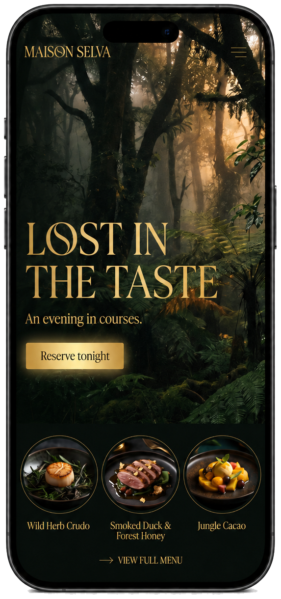 Restaurant website preview - Maison Selva, shown inside a phone mockup